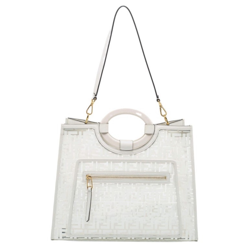 Large Fendi White Zucca PVC and Leather Runaway Shopper Tote